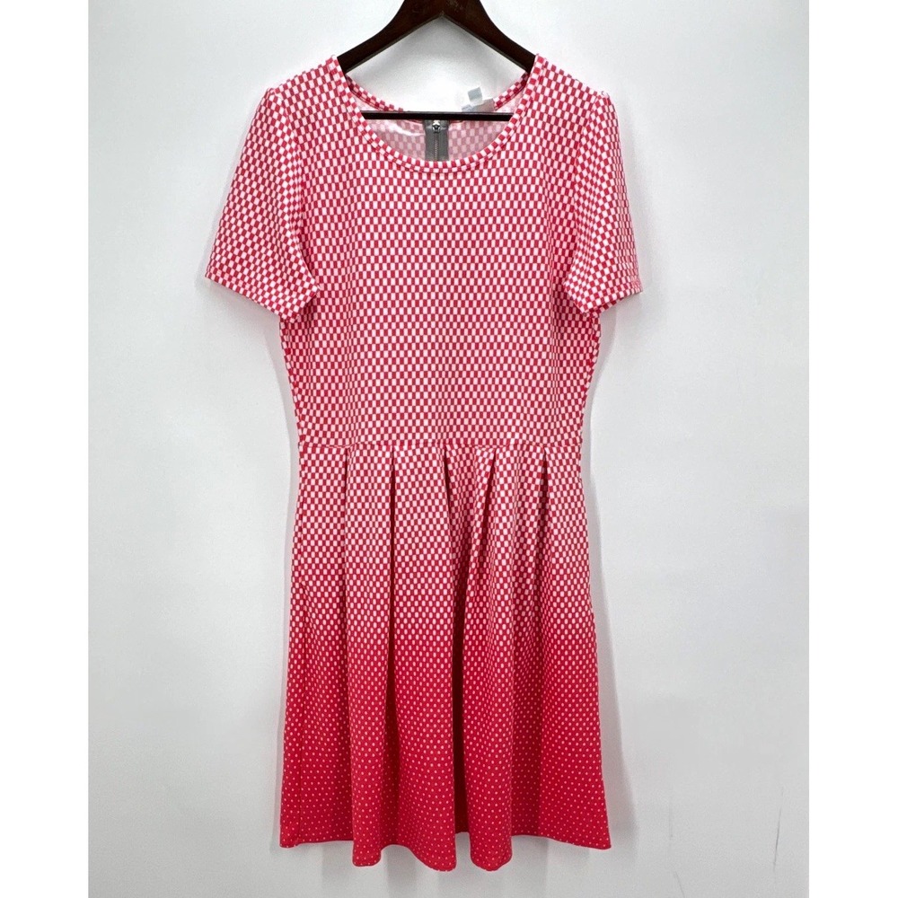 LuLaRoe 2XL Coral, White Check Knit Fit & Flare Pleated Back Zip Dress JC005-10